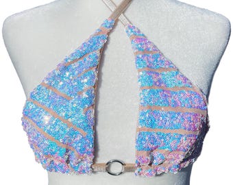 Iridescent Pink/Blue Sequin Rave Top– Festival Triangle Bralette – Dawn Prism Top