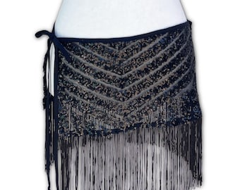 Black Sequin Mini Skirt with Fringe Trim – Festival Ravewear – Dark Disco Skirt