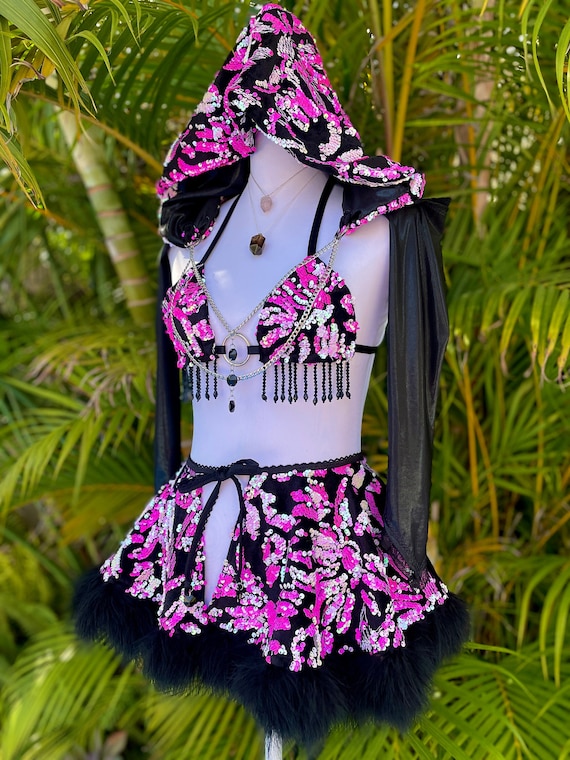 O-ring Pink Black Sequin & Feather Festival Outfit/pink Velvet
