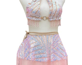 Dawn Prism Set- Iridescent Pink Sequin Festival Outfit/Fringe Rave Outfit/Skirt Set/Dance Outfit/Sequin Set/Festival Outfit/Carnival/EDM