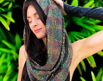 Golden Aurora Rave Haube/ Regenbogen Rave Schal/ Multicolor Pailletten Punkt Haube/ Festival Haube/ Brennender Mann
