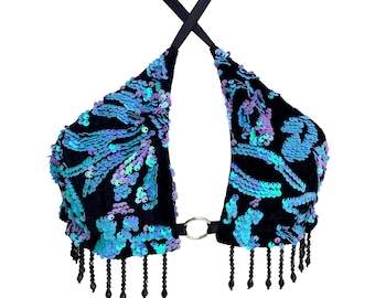 Turquoise and Lilac Sequin Rave Top with Crystal Fringe – Festival Triangle Beaded Bralette – Enchanted Orchid Top
