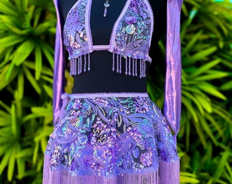 Lavender Fields Set- Lilac Sequin Festival Outfit/Purple Rave Outfit/Skirt Set/Dance Outfit/Sequin Set/Festival Outfit/Carnival/Fringe