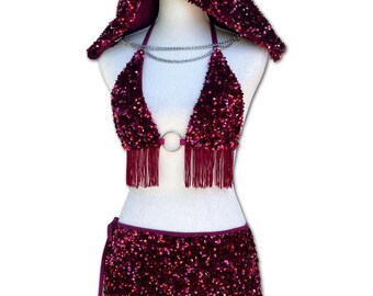 Burgundy Sequin Rave Outfit with Fringe Trim – EDM Festival Skirt Set – Sparkling Sangria Set