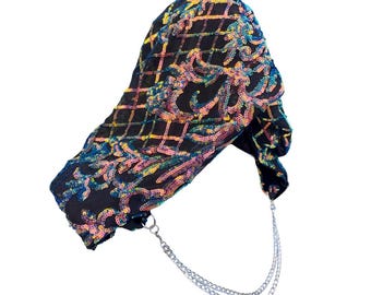 Iridescent Multicolor & Black Festival Hood with Chain Detail – Sequin Ravewear – Garden Noir Hood