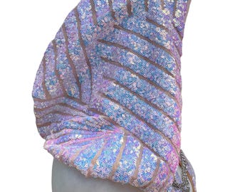 Iridescent Pink & Beige Sequin Festival Hood with Chain Detail – Sequin Ravewear – Dawn Prism Hood
