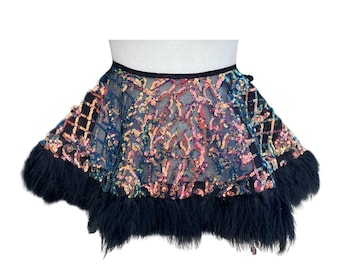 Iridescent Multicolor & Black Mini Skirt with Feather Trim – Festival Ravewear – Garden Noir Skirt