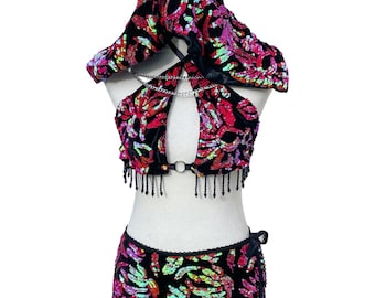 Iridescent Red Sequin Rave Outfit with Crystal Trim – EDM Festival Skirt Set – Scarlet Bloom Set