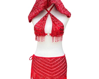 Red Sequin Rave Outfit with Crystal and Fringe Trim – EDM Festival Skirt Set – Ruby Set