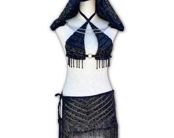 Black Sequin Rave Outfit with Crystal & Fringe Trim – EDM Festival Skirt Set – Dark Disco Set