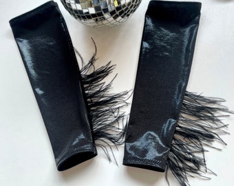 Black Festival Arm Sleeves w/ Ostrich Feathers/Rave Sleeves/ Cosplay Arm Sleeves/ Black Feathers/ Costume Sleeves