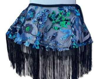 Iridescent Blue Green & Black Sequin Lace Mini Circle with Fringe Trim- Festival Ravewear- Electric Garden Mini Skirt