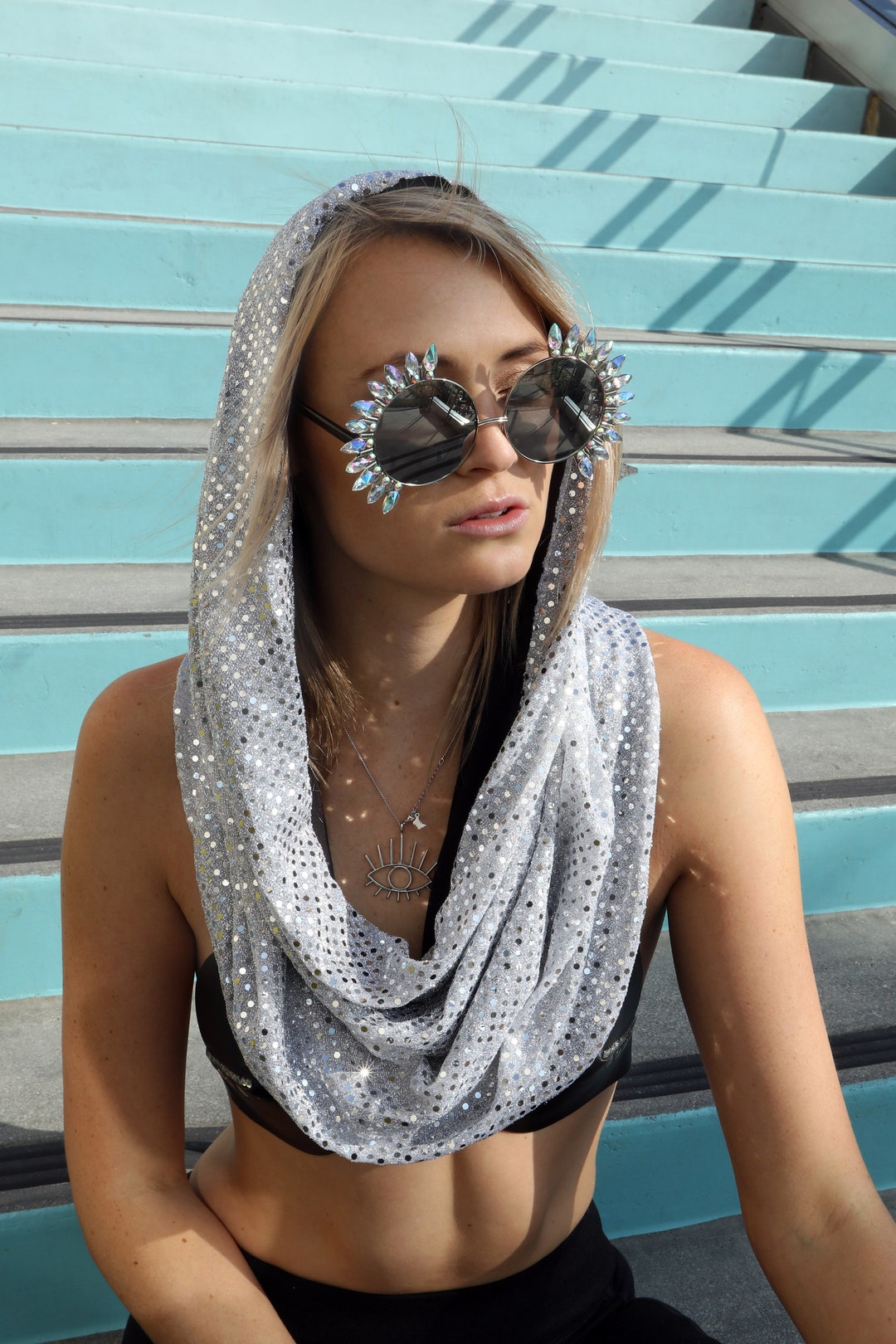 Silver Rave Hood- Silver Sequin Metallic Festival Shawl- Burning Man ...