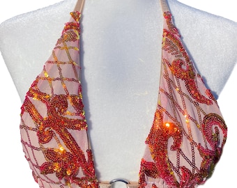 Iridescent Orange & Gold Sequin Rave Top– Festival Triangle Bralette – Golden Ember Top
