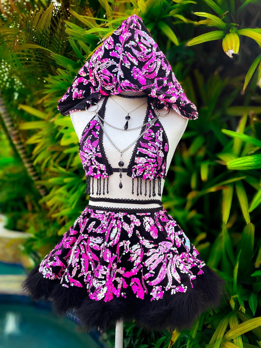 3 PCS Festival Set Pink/black Sequin/feather Festival Outfit/pink Rave