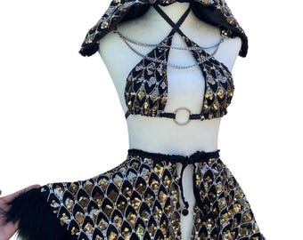 Gold & Black Sequin Rave Outfit with Feather Trim – EDM Festival Skirt Set- Carnival Outfit