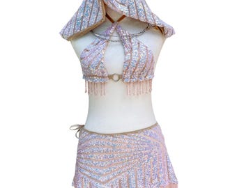 Iridescent Pink & Beige Sequin Rave Outfit with Crystal and Frimge Trim – EDM Festival Skirt Set – Dawn Prism Set