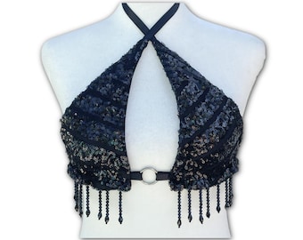 Black Sequin Rave Top with Crystal Fringe – Festival Triangle Beaded Bralette – Dark Disco Top
