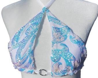 Iridescent White Sequin Rave Top – Festival Triangle Bralette – Crystalline Top