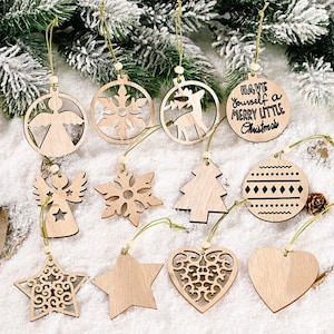 12 Piece Laser cut beautiful wooden Christmas tree decoration set, bauble, star, snowflake, angel, Christmas tree, heart and reindeer design