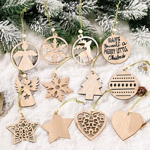 12 Piece Laser cut beautiful wooden Christmas tree decoration set, bauble, star, snowflake, angel, Christmas tree, heart and reindeer design