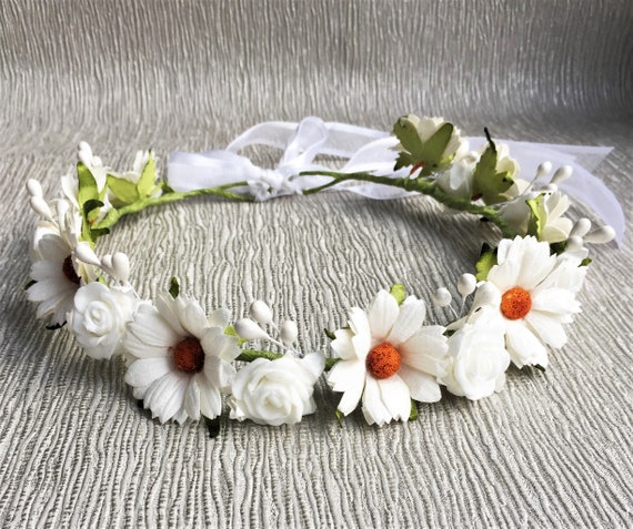 Daisy Rose Hair Crown White Flower Girl Garland Bridesmaid Etsy