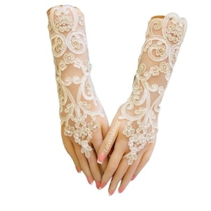guantes largos sin dedos para novia, guantes de boda de marfil, guantes de encaje, accesorios de boda, accesorios nupciales