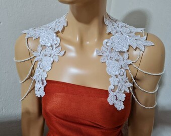 white shoulder jewelry wedding, gothic wedding accessories, bridal shoulder necklace