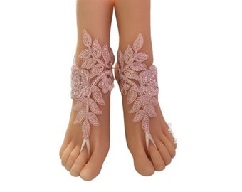 Sandales pieds nus rose poudré, sandales en dentelle de mariage, sandales de mariée, sandales de demoiselle d'honneur, accessoires de mariage, accessoires de mariée, cadeau de jour de mariage