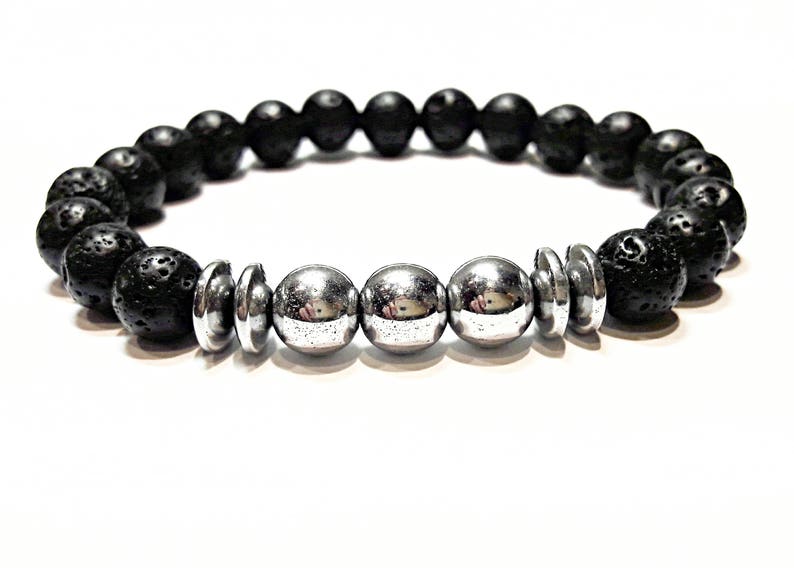 beaded bracelet lava mens bead bracelet lava stone bracelet lava /& hematite bracelet black silver bracelet stretch hand made stone jewelry