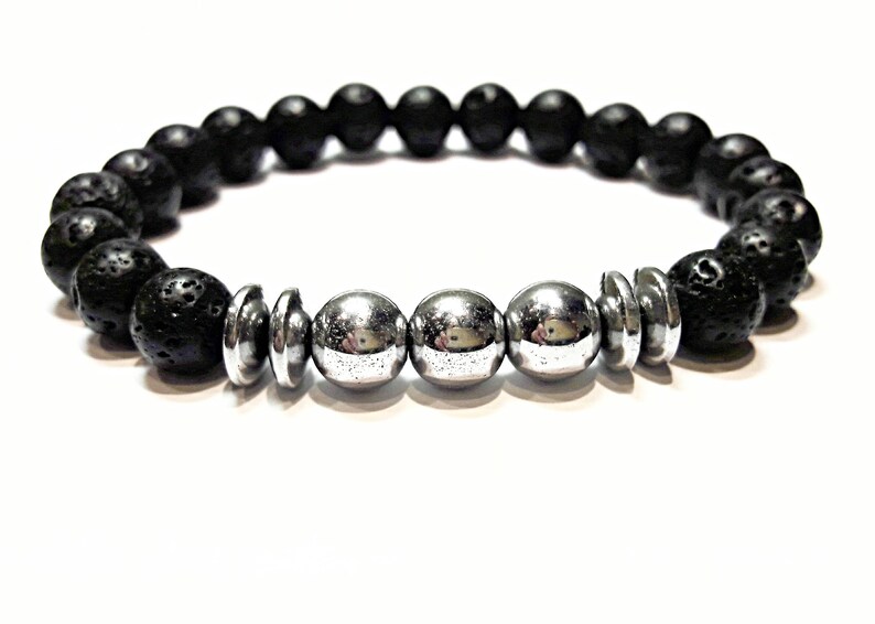 beaded bracelet lava mens bead bracelet lava stone bracelet lava /& hematite bracelet black silver bracelet stretch hand made stone jewelry