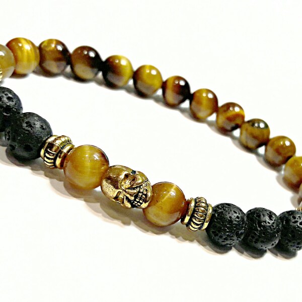 Skull Bracelet Men Tiger Eye Bracelet Skull Jewellery Boyfriend Gift For Men Tiger Eye Jewelry Lava Rock Bracelet