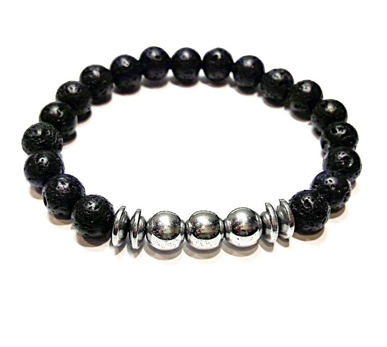beaded bracelet lava mens bead bracelet lava stone bracelet lava /& hematite bracelet black silver bracelet stretch hand made stone jewelry