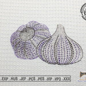 May include: Machine embroidery design of two gray and purple garlic bulbs. The design is labeled "TESTED & APPROVED" and includes the file formats: DST, EXP, HUS, JEF, PCS, PES, VIP, VP3, and XXX.