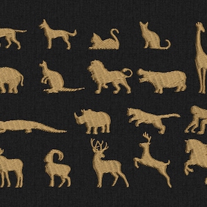 May include: A collection of 16 embroidered animal silhouettes in gold thread on a black fabric background. The animals include a cat, dog, lion, giraffe, elephant, kangaroo, rhino, hippopotamus, crocodile, moose, deer, monkey, and horse.