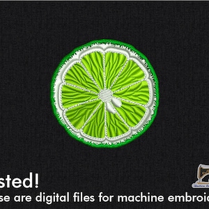 Puede incluir: Un diseño de bordado de una rodaja de lima verde, perfecto para proyectos de bordado a máquina. ¡Probado! Estos son archivos digitales para bordado a máquina.