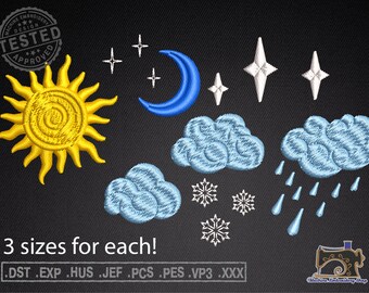 Sun Moon Stars Clouds Rain Machine Embroidery Design Machine embroidery designs set