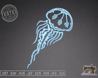 May include: A light blue embroidered design of a jellyfish with a bell-shaped head and long tentacles. The design is on a dark gray fabric background.
