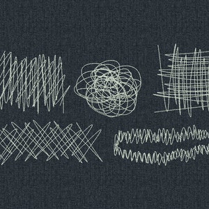 May include: Five different white scribble designs on a dark blue denim background. The designs include a circle, a square, and three different lines.