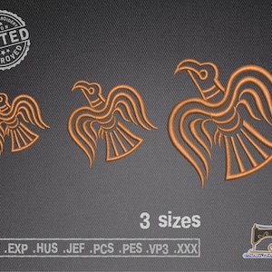 May include: Three sizes of an embroidery design of a stylized orange bird with a long beak and spread wings. The design is labeled "3 sizes" and includes the file formats: DST, EXP, HUS, JEF, PCS, PES, VP3, XXX.