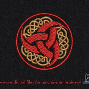 May include: Red and gold embroidery design of a Celtic knot with three horns inside a circle. This is a digital file for machine embroidery.