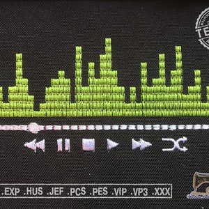 May include: Green and white embroidered design of a music equalizer with play, pause, rewind, fast forward, and repeat buttons. The design is on a black fabric background. The text "MACHINE EMBROIDERY DESIGN TESTED APPROVED" is in a circle with stars around it. The text ".DST .EXP .HUS .JEF .PCS .PES .VIP .VP3 .XXX" is at the bottom of the image.