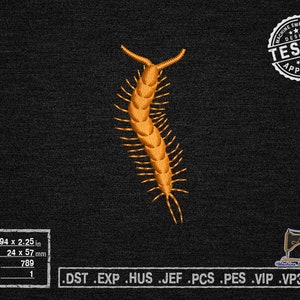 May include: Machine embroidery design of a brown and orange centipede, 0.94 x 2.25 inches, 24 x 57 mm, 789 stitches, 1 color.  .DST .EXP .HUS .JEF .PCS .PES .VIP .VP3 .XXX