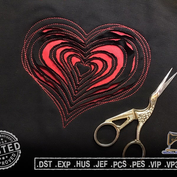Raggy Heart reverse applique machine embroidery design - 3 sizes