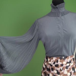 1980s | High Neck Dramatic Pleated Sleeve Gray Blouse | Romantic Goth| Secretary