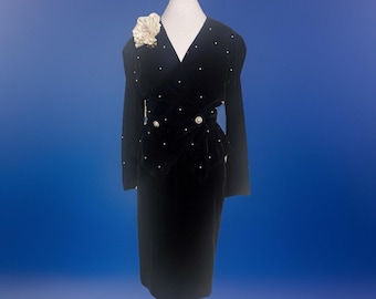 Vintage Black Velvet Pearl Studded Skirt Set – 90s USA Evening Wear