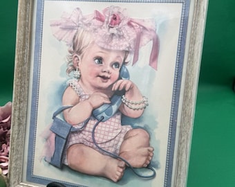 Vintage 1950s Framed Large Scale Greeting Card | Retro Baby Girl | Nursery Decor
