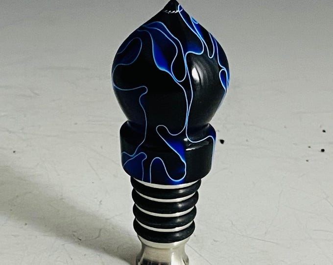 Wine Stopper / Bottle Stopper Stainless with Blue Ribbon Acrylic resin - Hand turned!