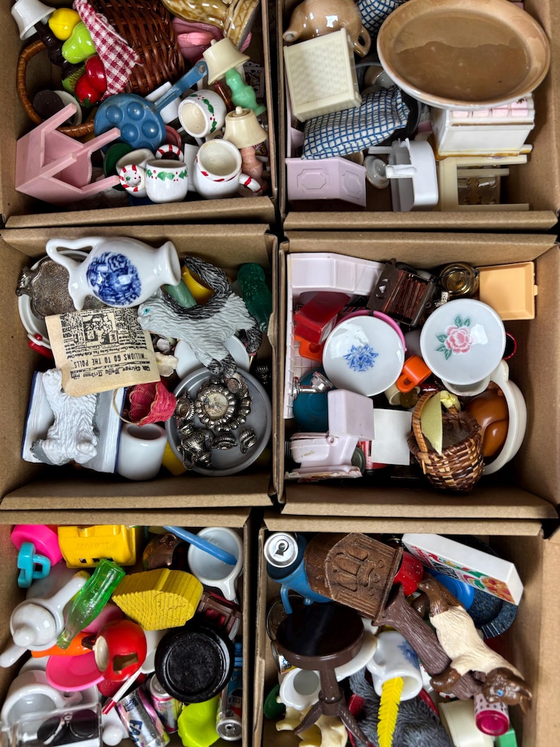 HUGE DOLLHOUSE MINIATURE Mystery Box of Tiny Things! 4X4X4 Boxes Filled ...