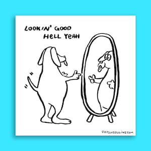 May include: A black and white line drawing of a dog standing before an oval mirror, pointing at its reflection. The text reads LOOKIN' GOOD HELL YEAH at the top left and KITSCHCOLLINS.COM at the bottom right. The dog has its tongue out.